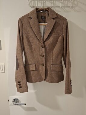 Mexx Brown Tweed Wool Fitted Blazer w/ Velvet Accents & Brass Buttons (Size XS)